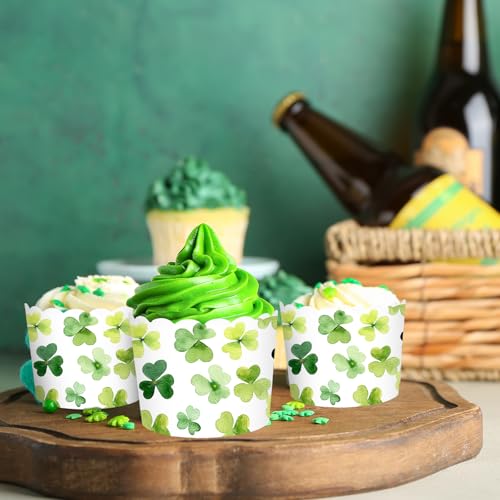 100Pcs St. Patrick's Day Paper Baking Cups Cupcake Wrappers Watercolor Green Shamrock Clover Scalloped Edge Cupcake Muffin Cases for Irish Dessert Decoration (100 Count)
