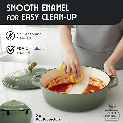 MUELLER HOME 5.5 Quart Enameled Cast Iron Oval Dutch Oven w Rooster Knob & Cotton Potholders