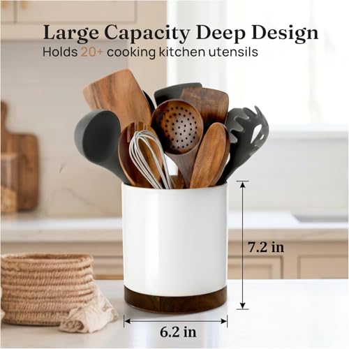 Ceramic Rotating Utensil Holder for Countertop Kitchen Organizer White