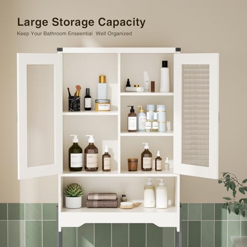 Over The Toilet Storage Cabinet with Tempered Glass Doors & Adjustable Shelf