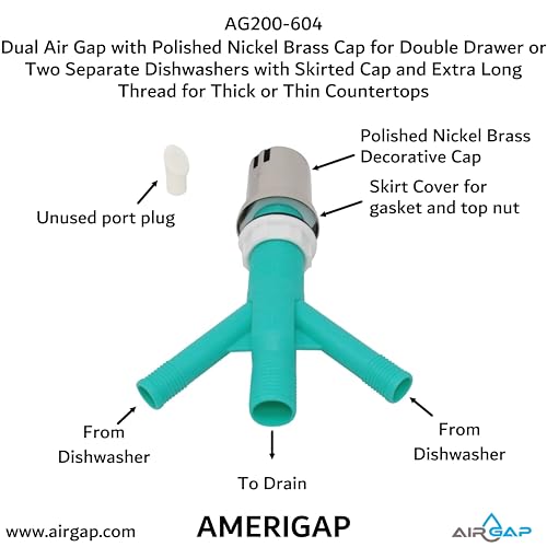 Dual Air Gap with Polished Nickel Brass Cap for Double Drawer or Two Separate Dishwashers with Skirted Cap and Extra Long Thread for Thick or Thin Countertops