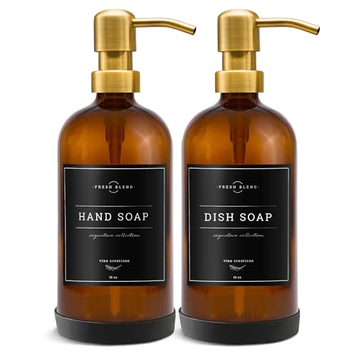 Amber Glass Soap Dispenser Set (16 Ounce)