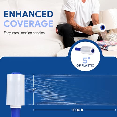 5" Plastic Stretch Film Wrap with Rotating Handle 1000 feet 500% Stretch Ability