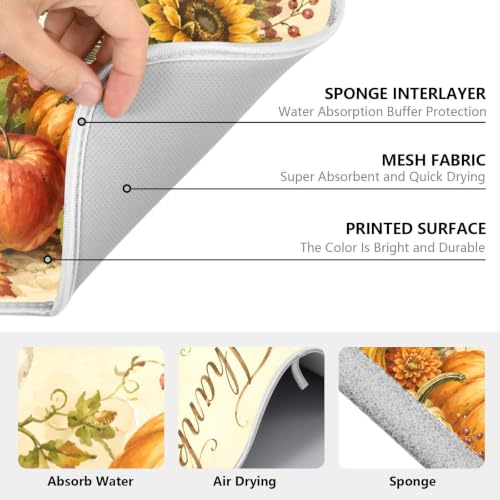 Thanksgiving Dish Drying Mat for Kitchen Counter Absorbent Microfiber Small Drying Pad Fall Autumn Harvest Pumpkin Dish Mats for Kitchen Countertops 16 x 18 Inch