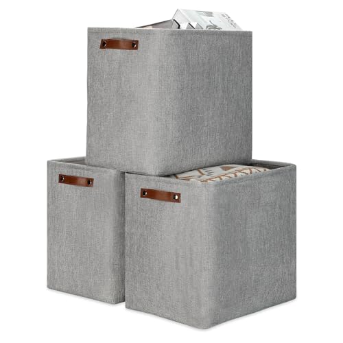 Large Storage Baskets for Blankets Living Room 51L Canvas Storage Baskets for Organizing 3 Pack Collapsible Baskets Bins for Organizing Home Office with Handles (3 Count)