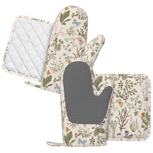 Vintage Wildflower Herbs Floral Rustic Butterfly Oven Mitts and Pot Holders Sets Silicone Kitchen Mitts Potholders Heat Resistant 4Pcs Oven Gloves Hot Pads for Kitchen Baking Cooking (4 Count)
