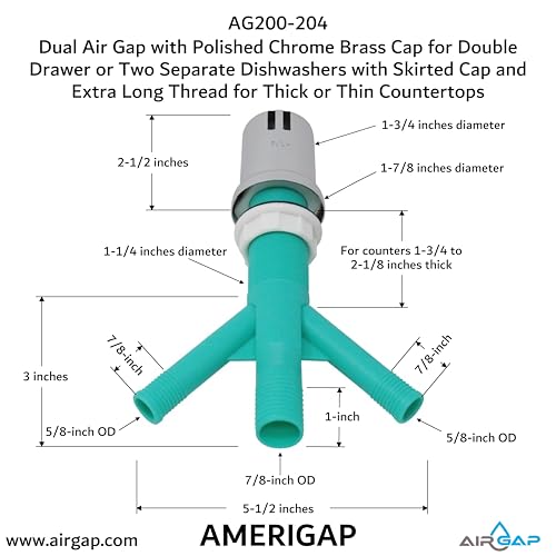Dual Air Gap with Polished Chrome Brass Cap for Double Drawer or Two Separate Dishwashers with Skirted Cap and Extra Long Thread for Thick or Thin Countertops