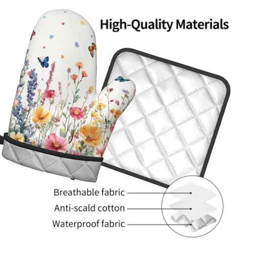 Spring Flower Oven Mitts and Pot Holder Kitchen Accessories Sets Botanical Floral Heat Resistant BBQ Cooking Oven Gloves Washable Hot Pads