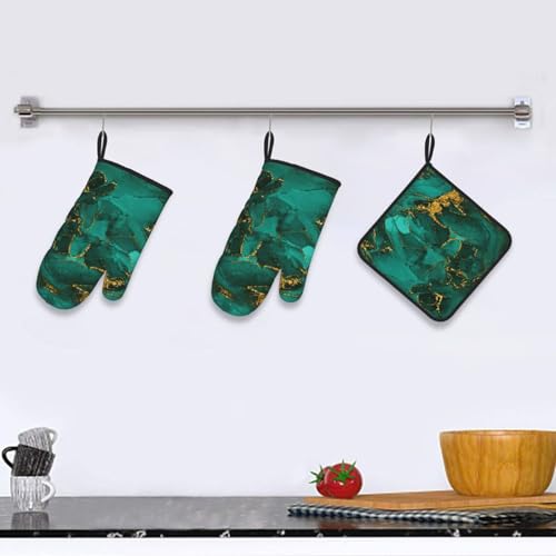 Turquoise Marble Oven Mitts and Pot Holders Sets of 3 Kitchen Decor (3 Count)