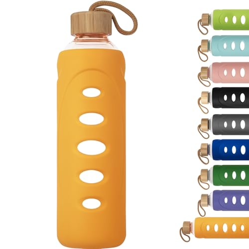 32 oz Narrow Mouth Glass Water Bottle with Windowed Silicone Sleeve