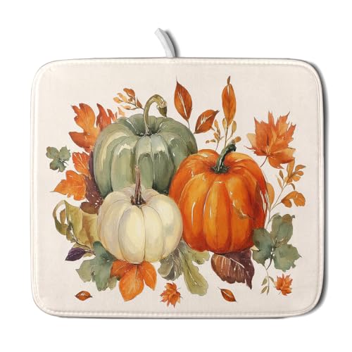 Fall Pumpkin Dish Drying Mat Autumn Leaves Absorbent Dishes Pad 16x18 Inch Seasonal Microfiber Dish Drainer Rack Mat for Kitchen Countertop