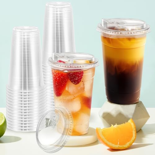 100 Pack 24 oz Clear Plastic Cups with Sip Lids (100 Count)