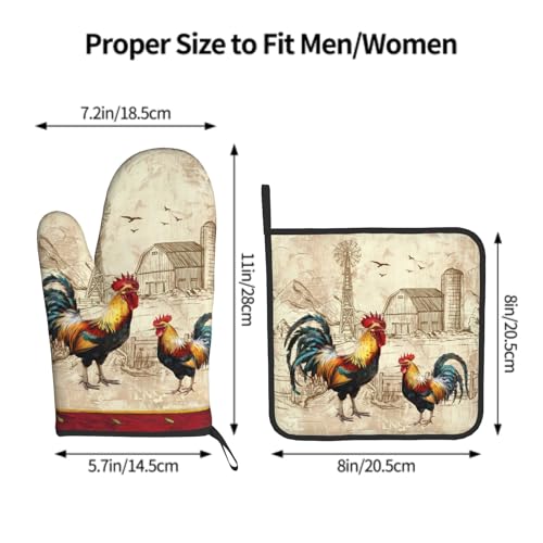 Farm Rooster Oven Mitts and Pot Holder Set of 2 Rustic Chicken Kitchen Potholders Heat Resistant Oven Glove for Baking Cooking Grilling BBQ