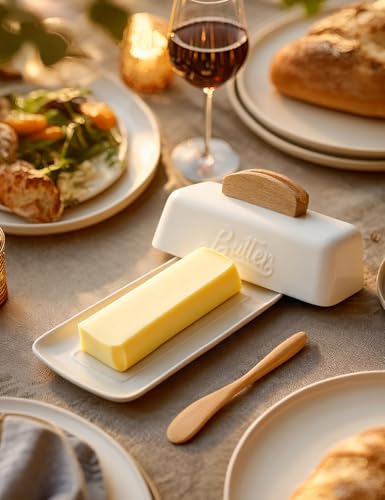 Butter Dish with Lid and Knife Ceramic Butter Holder for Counter Humanized Clamp