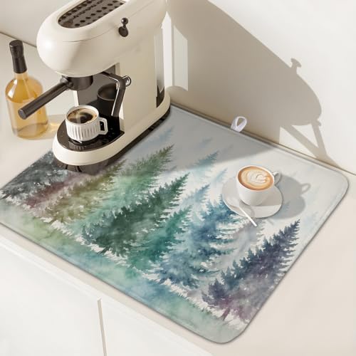 Pine Tree Dish Drying Mat Natural Forest Fog Microfiber Dishes Pad 16x18 Inch Absorbent Fast Dry Dish Drainer Rack Mats for Kitchen Counter