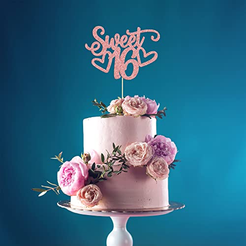 1Pc Sweet Teenager 16 Cake Topper Glitter 16th Birthday Cake Pick for Cheers to 16 Years Old 16th Birthday Party Cake Decorations Supplies Rose Gold