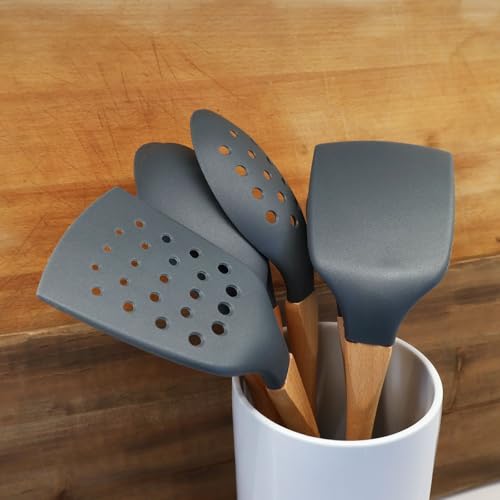 Grey Nylon Ladle with Soft Grip Ergonomic Wooden Handle Kitchen Utensils