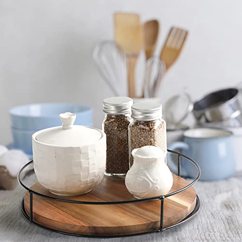 2 Pack ] 9" & 10" Acacia Wood Lazy Susan Organizers with Steel Sides
