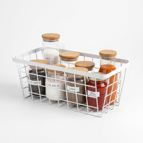 White Hanging Kitchen Baskets For Storage Adhesive Sturdy Small Wire Storage Baskets No Drilling Wall Mounted Kitchen Food Pantry Bathroom Shelf Storage (4 Count)
