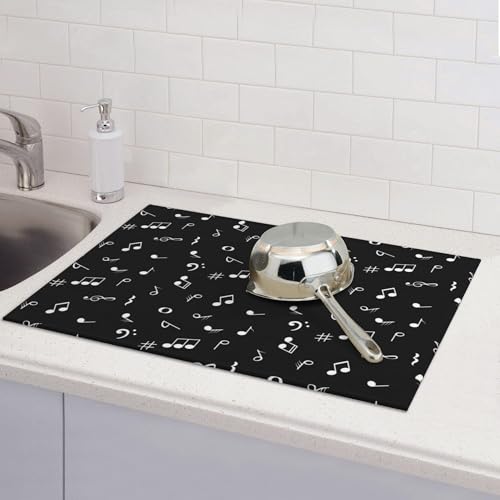 Music Notes Dish Drying Mat for Kitchen Counter Musicial Dish Drainer Rack Mats 16x18 Inches Absorbent Reversible Black Drying Pad