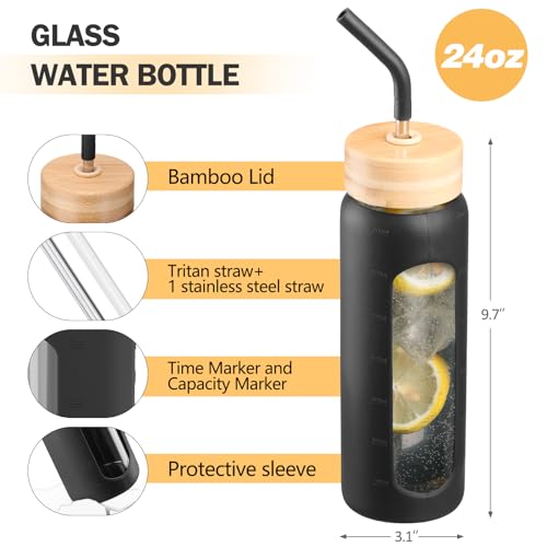 24oz Glass Water Bottle with Straw and 2 Lids