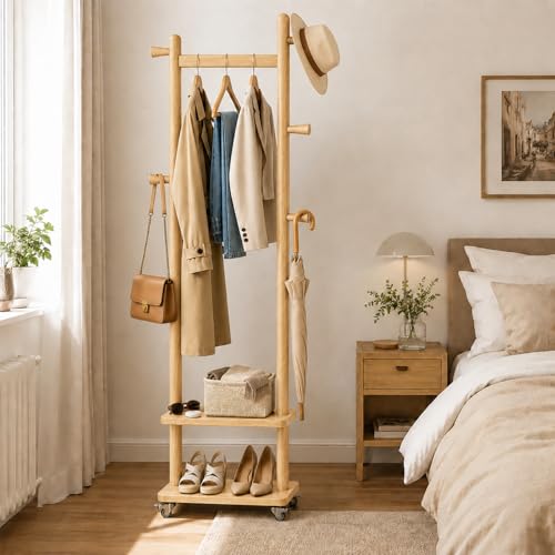Small Clothes Rack Solid Wood Coat Rack Freestanding with Wheels