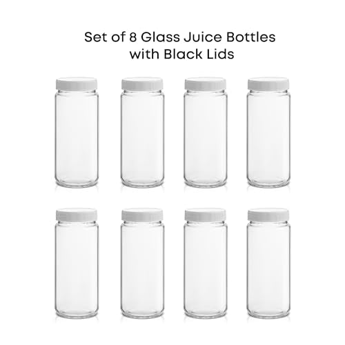 16 oz Reusable Glass Bottles with Caps. Set of 8 Juicing Bottles With Lids and Juice Jars Labels. Glasses for Cold Brew