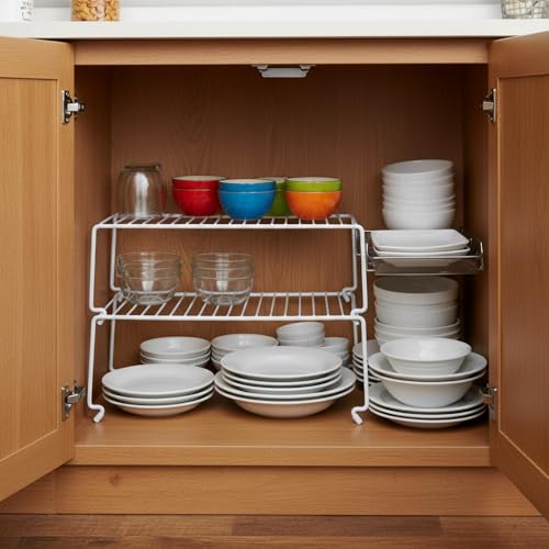6-Pack Large (15.7x8.54inch) Multi-Level Organizer Rack, Kitchen Shelves for Spice Organization for Cabinet, Pantry Organizers and Storage, Wire Extra Shelf, Desk Organizer, Stackable, White (6 Count)