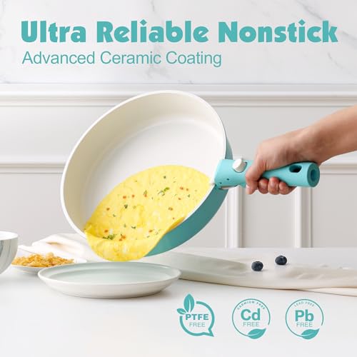 24 Piece Ceramic Detachable Handle Pots and Pans Set Turquoise