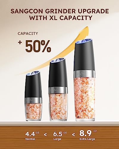 Gravity Electric Salt and Pepper Grinder Set Shakers UPGRADED 9OZ XL CAPACITY Battery Powered Refillable Automatic One Hand Operation Adjustable Coarseness Mill Grinder Set for Kitchen (2 Count)