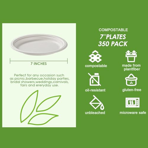 350 Pack Compostable Bagasse Paper Plates 6.9 inch (350 Count)