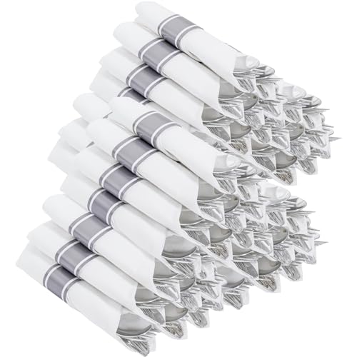 400PCS Pre Rolled Silver Plastic Silverware Heavy Duty for Wedding (400 Count)