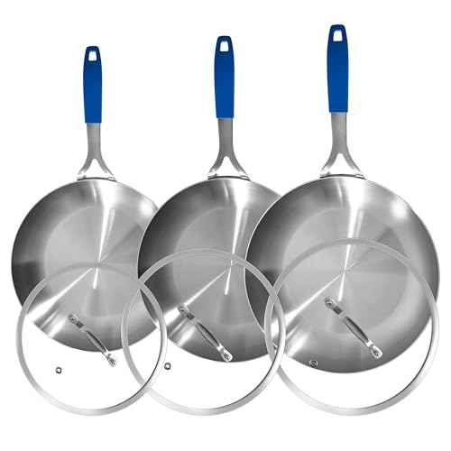 8.5-10-12" Stainless Steel Pans Set with 3 Lids, Detachable Handle