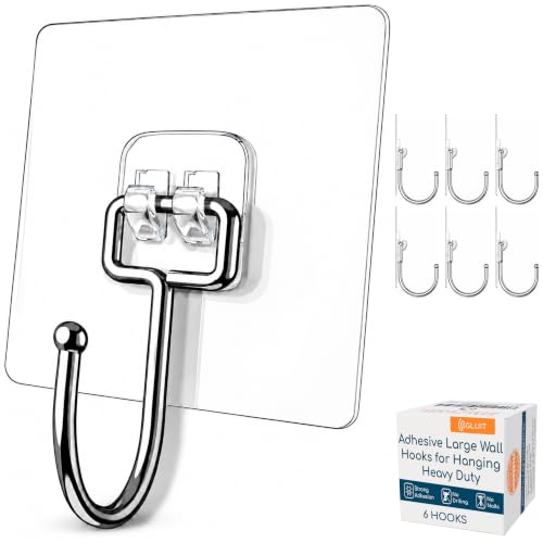 Adhesive Large Wall Hooks for Hanging Heavy Duty No Drill (6 Count)