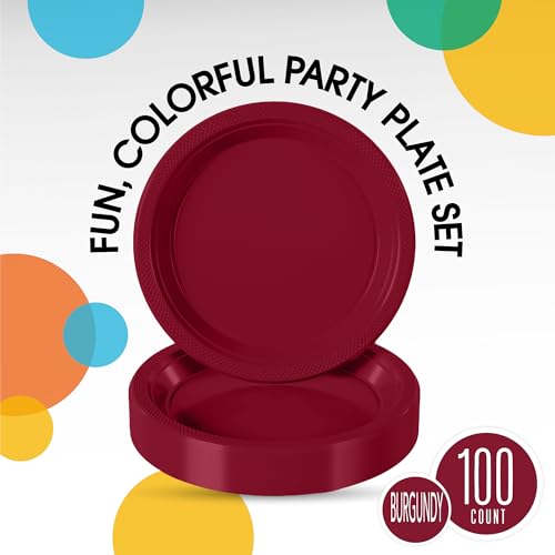 Sturdy Burgundy Plastic Plates 7" Cake Plates 100 Pcs (100 Count)