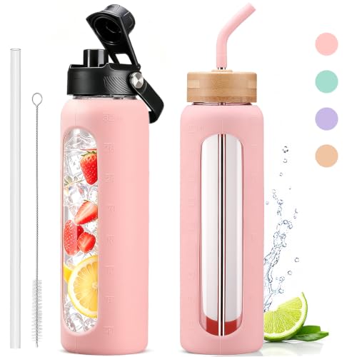 32oz Glass Water Bottle with Straw and 2 Lids