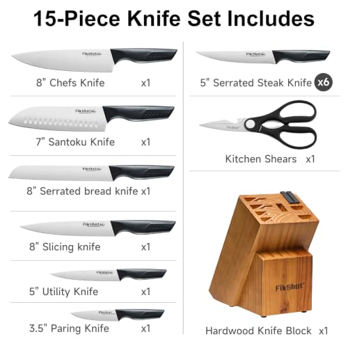 15 Piece Kitchen Knife Set with Block & Built