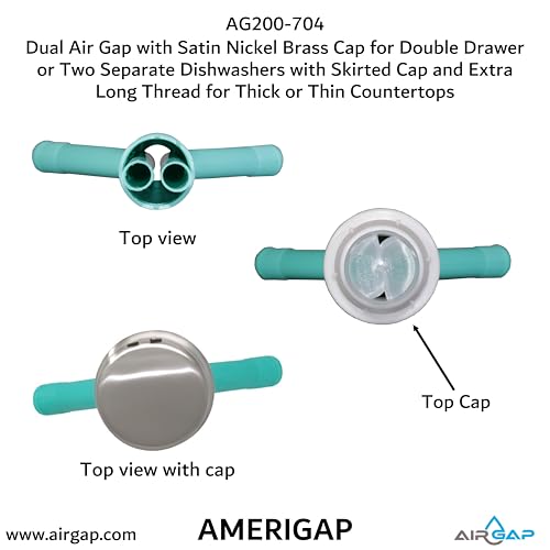 Dual Air Gap with Satin Nickel Brass Cap for Double Drawer or Two Separate Dishwashers with Skirted Cap and Extra Long Thread for Thick or Thin Countertops