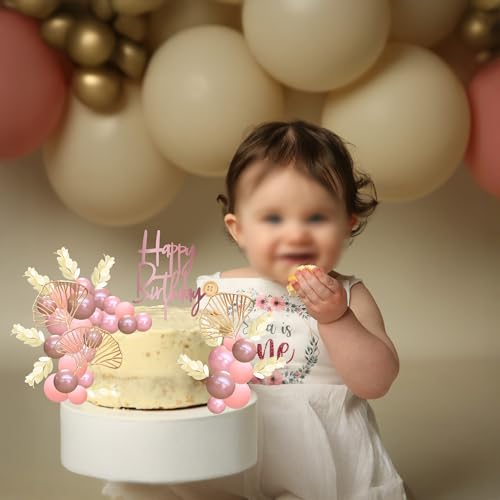 57Pcs Balls Cake Topper Boho Grass Cake topper Pearl Balls Acrylic Happy Birthday Cake Decorations for Wedding Baby Shower Birthday Boho Themed Party Supplies Rose Gold Pink (57 Count)