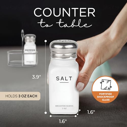 White Salt and Pepper Shakers Set with Holder by Brighter Barns