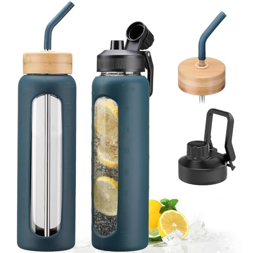 32oz Glass Water Bottle with Straw and 2 Lids