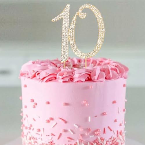 Gold 10th Birthday Cake Topper Rhinestones Cake Decorations for 10th Birthday Party