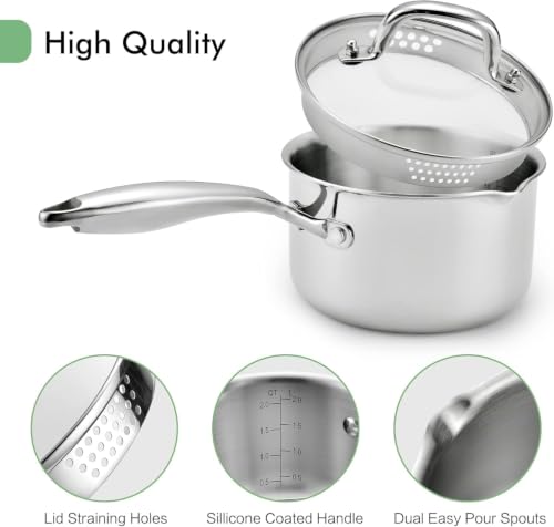 1.5 Quart Stainless Steel Pot Saucepan with Glass Strainer Lid