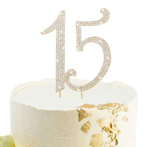 Gold 15th Birthday Cake Topper Rhinestones Cake Decorations for 15th Birthday Party