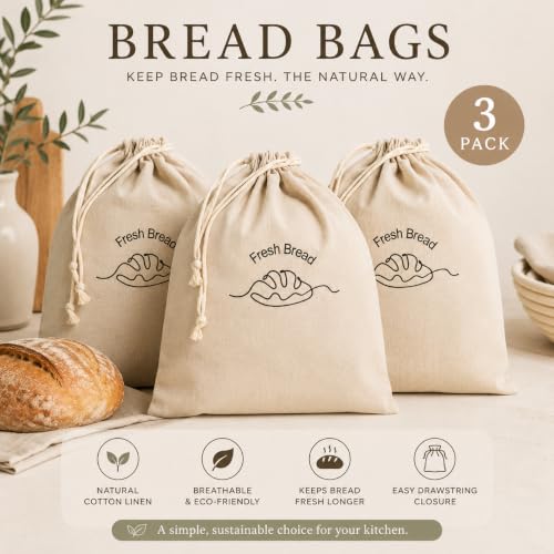 3 Pack Linen Bread Bags for Homemade Bread (3 Count)