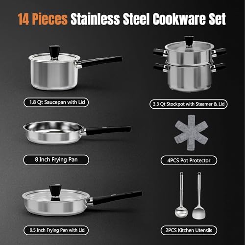 14 Piece Stainless Steel Cookware Set for Induction Stovetops