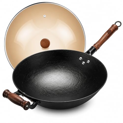 12.6 Inch Round Bottom Cast Iron Wok with Glass Lid
