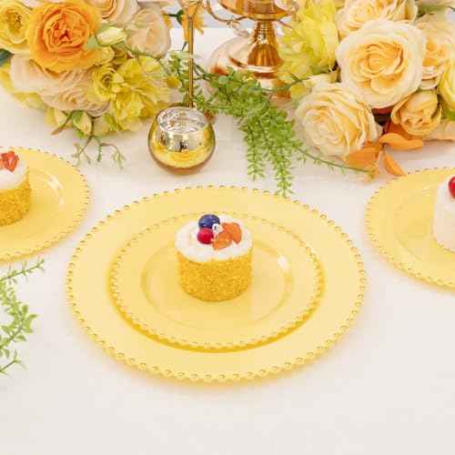 100pcs Elegant Yellow Plastic Plates with Gold Beaded for Wedding (100 Count)