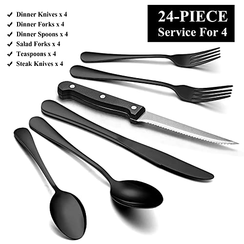24 Piece Black Flatware Set with Steak Knives (4 Count)