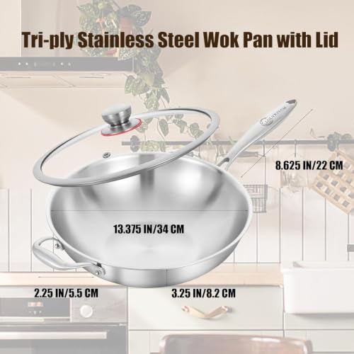 13 Inch Stainless Steel Wok with Glass Lid